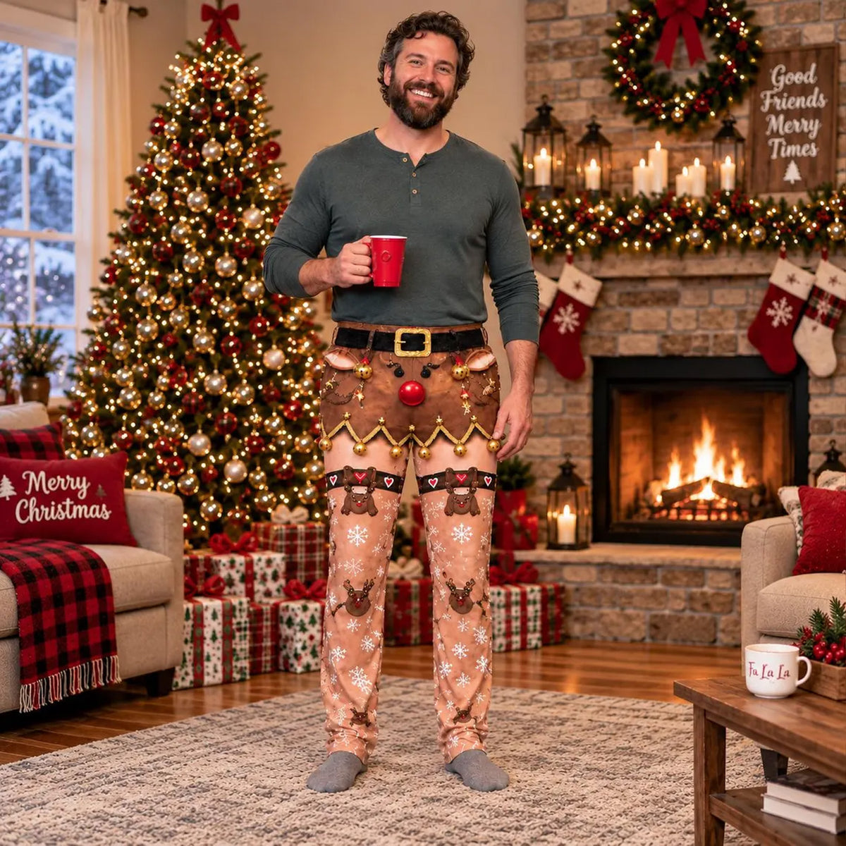 Funny Christmas Pajama Pants for Men, Reindeer Snowman Holiday Lights Lounge Pants, Funny Gift for Him 686590 WFD