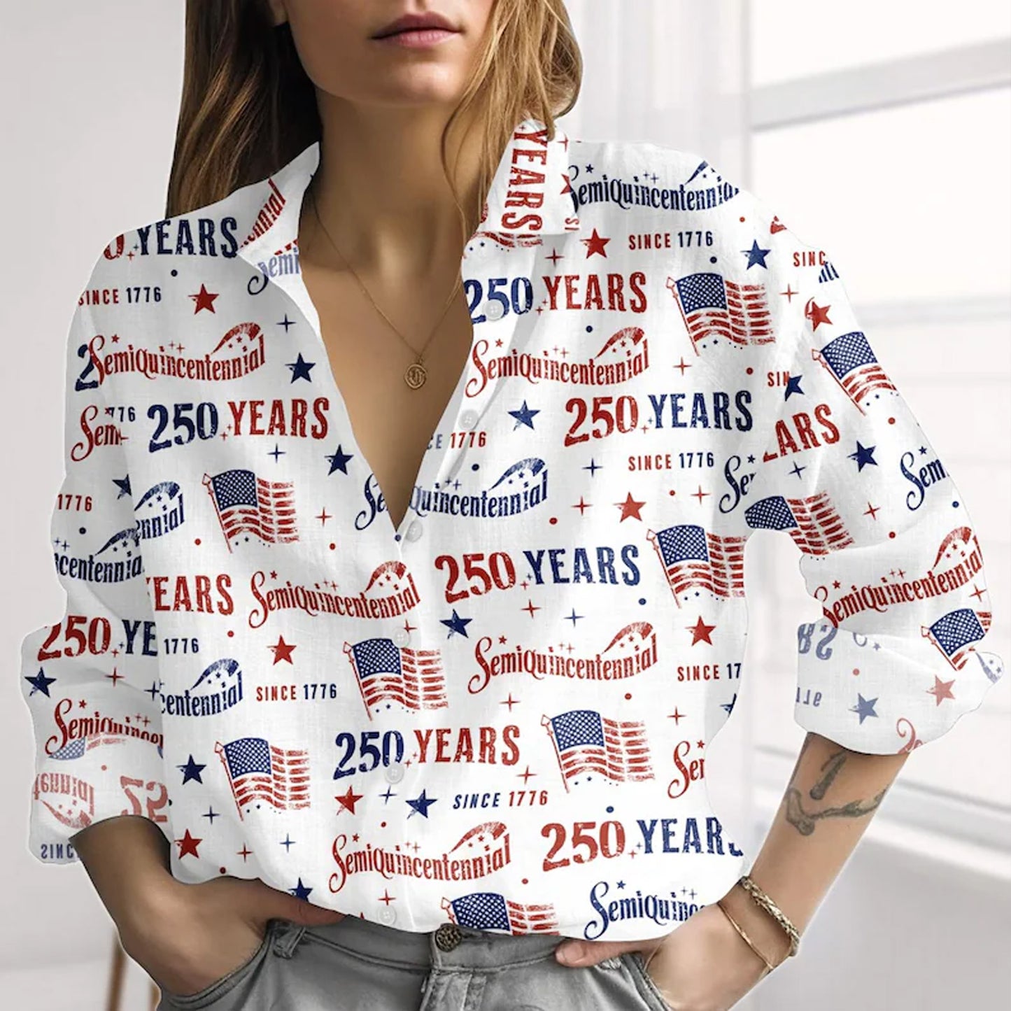 250 Years America Anniversary Blouse Shirt, Patriotic American Flag Women Top, 1776-2026 4th of July Shirt 685254 WFD