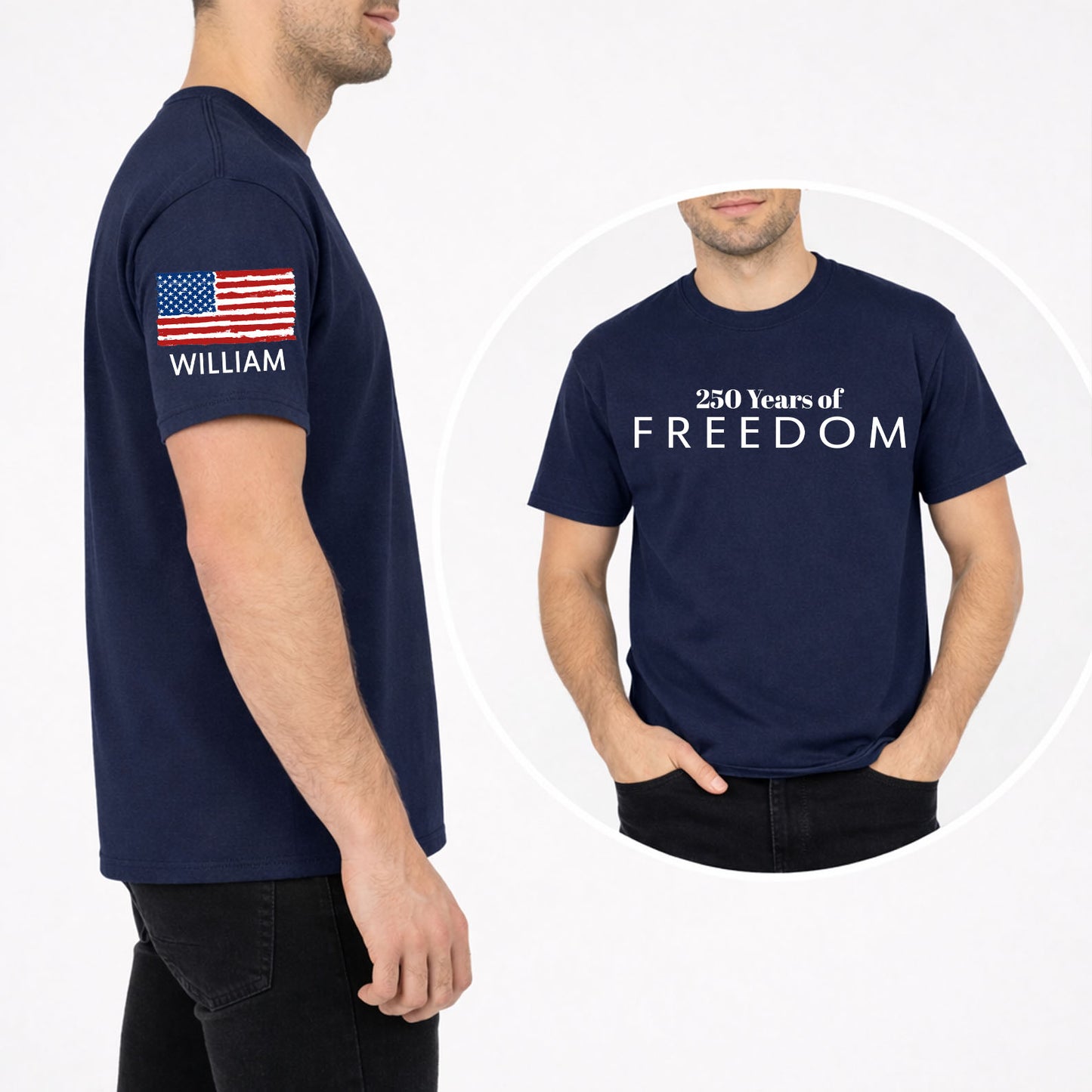 Personalized 250 Years Of Freedom Dark Shirt | Custom Name Patriotic 4th of July Front & Right Sleeve Shirt 684610