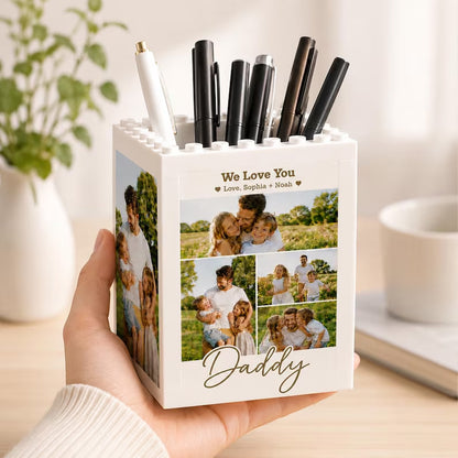 Personalized Daddy & Me Photo Block Pencil Pot, Father's Day Gift For Dad, Custom Brick Pencil Holder 685149