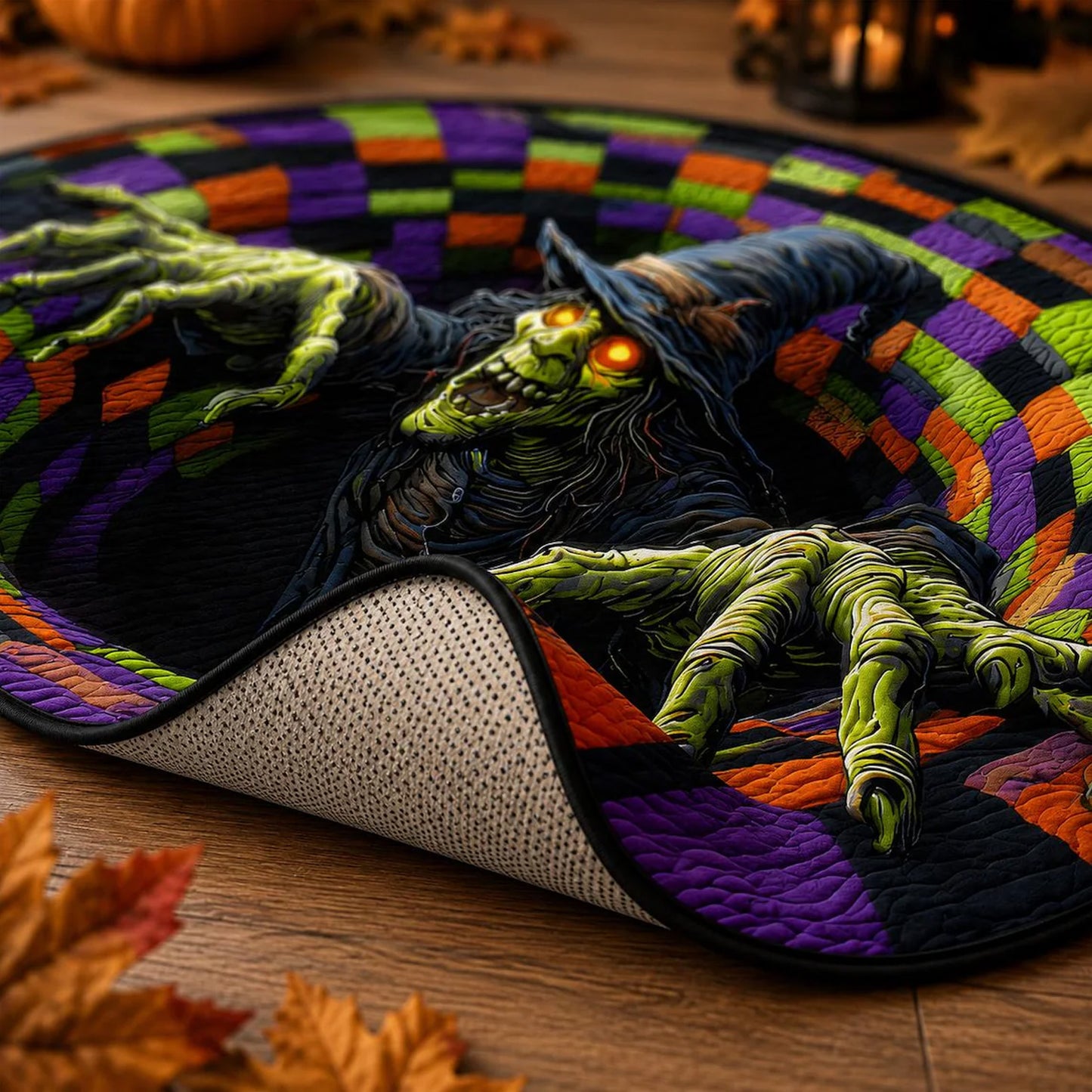 3D Witch Halloween Round Rug, Spooky Optical Illusion Floor Mat, Creepy Haunted House Halloween Decor 685933 WFD