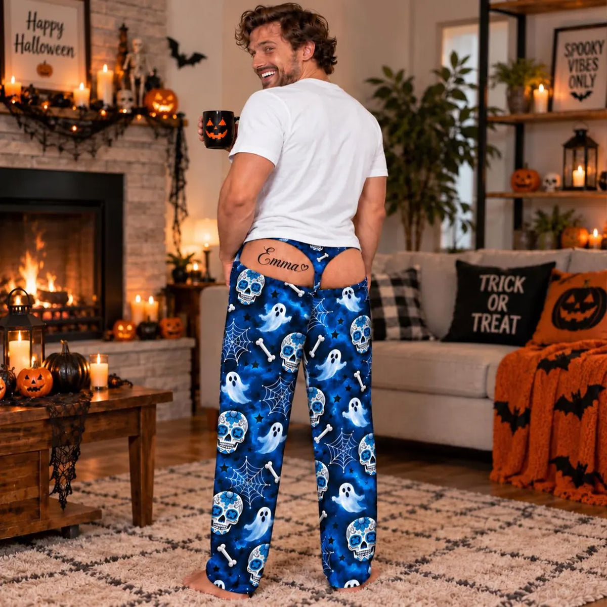 Funny Halloween Pajama Pants for Men, Custom Name Fake Butt Lounge Pants, Spooky Gag Gift for Him 686596 WFD