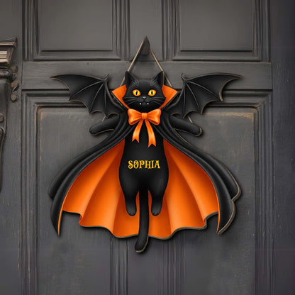 Personalized Halloween Black Cat Vampire Wooden Sign, Custom Name Door Hanger, Gothic Halloween Decor 685855