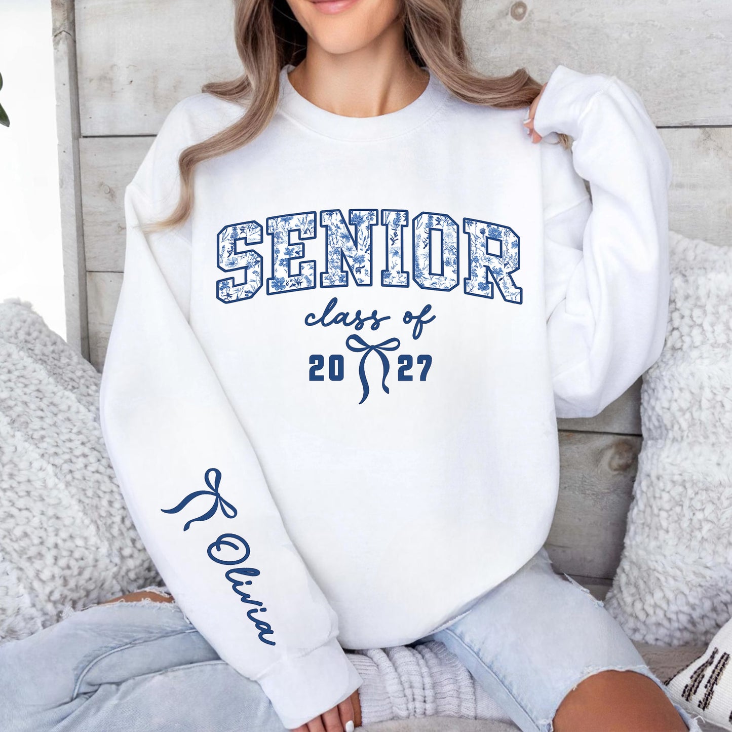 Custom Senior Mom 2027 Coquette Front & Right Sleeve Sweatshirt, Personalized Class of 2027 Graduation Gift 685693