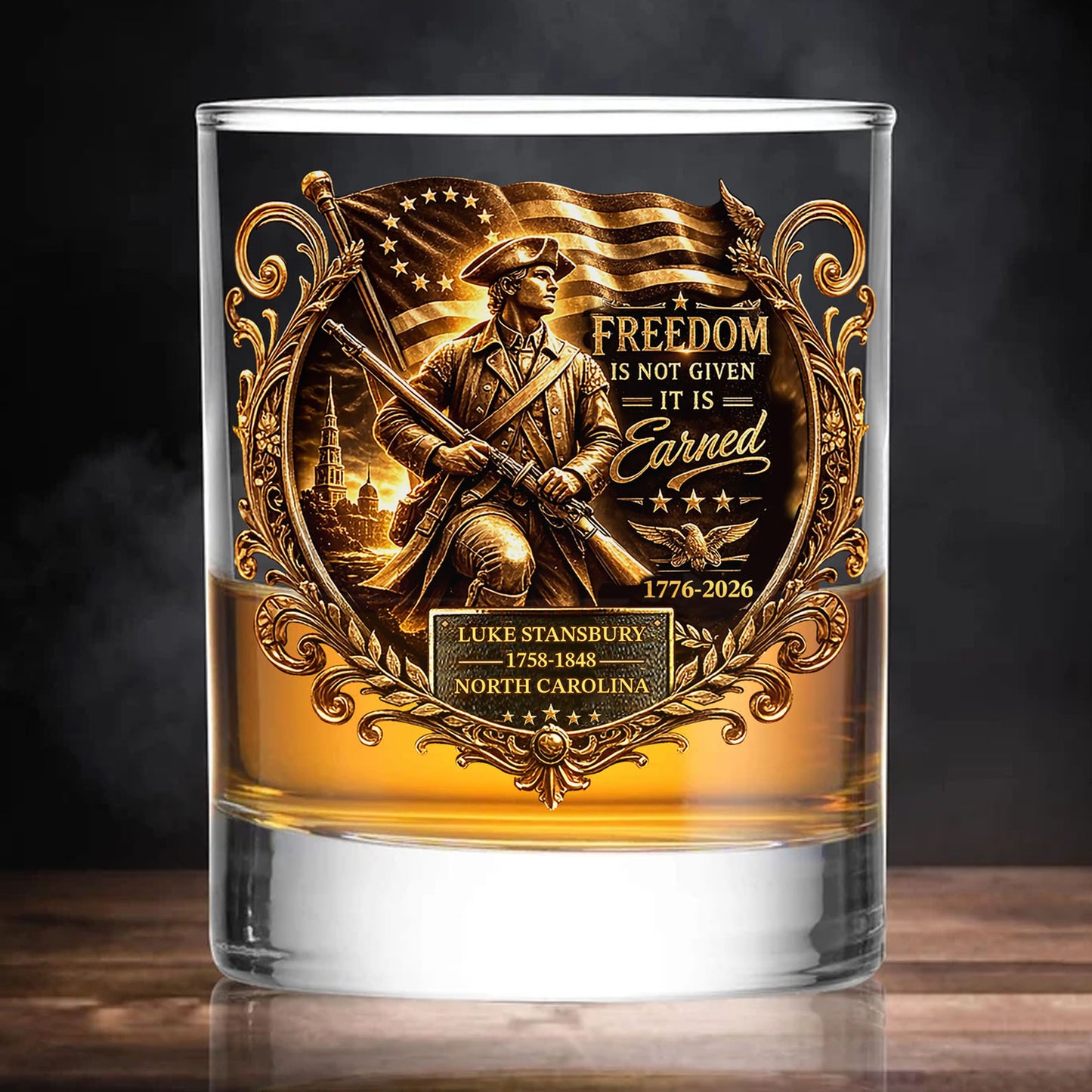 Custom Name Freedom Is Not Given It Is Earned Whiskey Glass | Patriotic 250 Years 1776–2026 Glass 684453