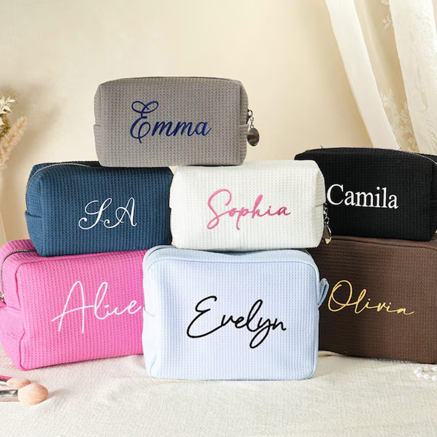 Custom Waffle Cosmetic Bag, Personalized Monogram Makeup Bag, Toiletry Bag Bridesmaid Gift for Her 684811