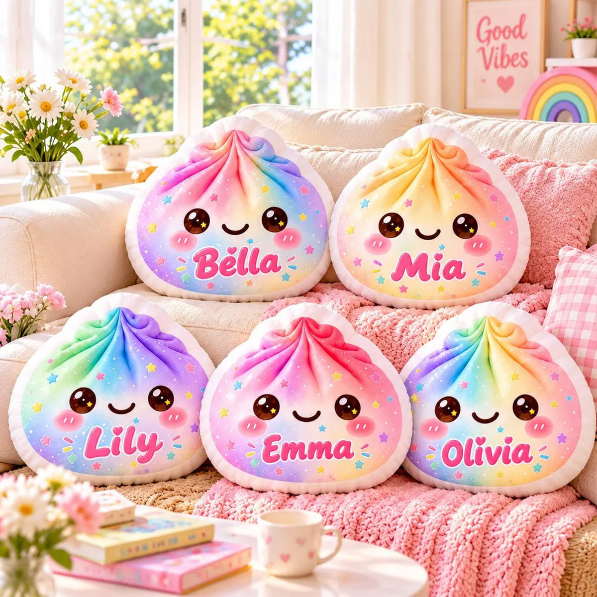 Personalized Glitter Dumpling Pillow, Custom Name Rainbow Cushion, Kids Room Decor, Christmas Gift 686907 WFD