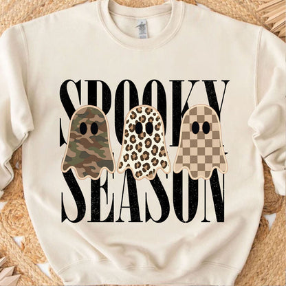 Retro Patchwork Ghosts Halloween Shirt, Checkered Leopard Camo Ghost Tee, Trendy Spooky Season Fall Shirt 685864