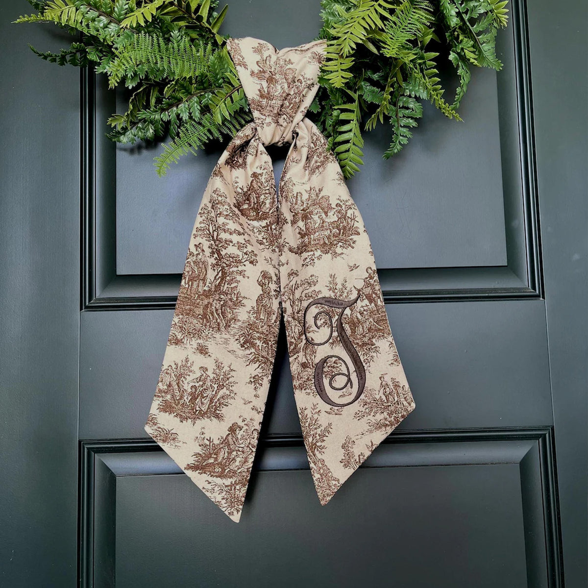 Personalized French Toile Wreath Sash, Embroidered Monogram Bow, Custom Initial Front Door Decor 686156 WFD