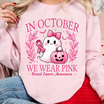 In October We Wear Pink, Breast Cancer Awareness Shirt | Cute Ghost Pink Ribbon T-Shirt | Halloween Pink Out Tee 683307