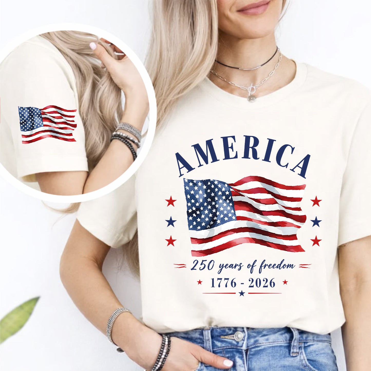 250 Years of Freedom 1776-2026 Front & Right Sleeve Shirt, Patriotic USA Flag 4th of July Tee 685301