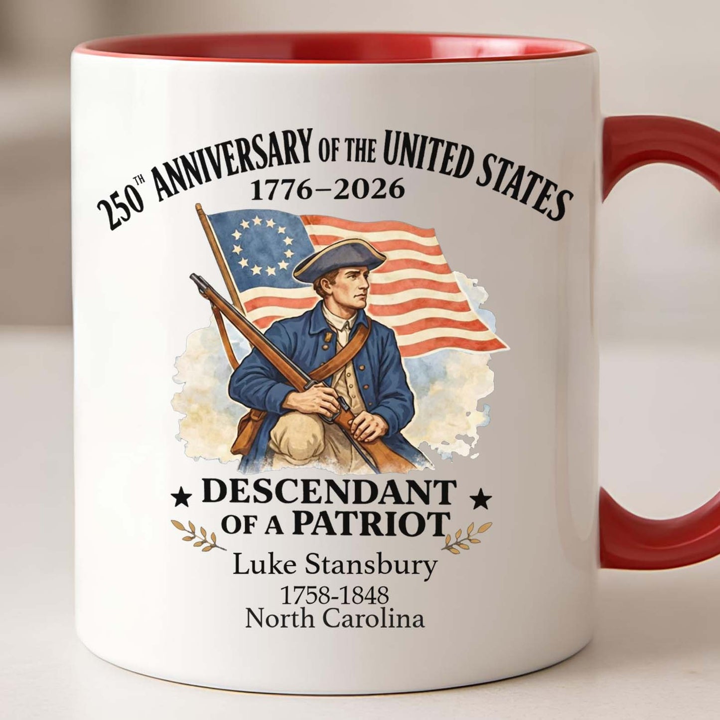 Personalized 250 Years of America Mug, Custom Name Descendant of a Patriot, 1776–2026 White Mug Accent Mug 684373