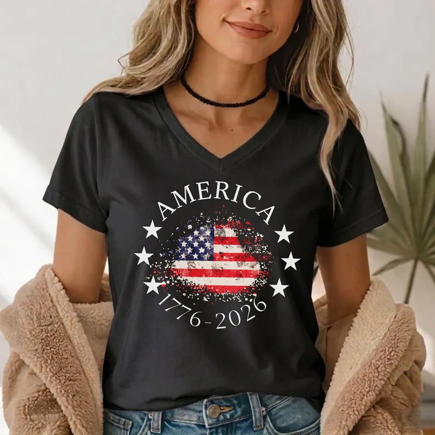 250 Years USA Anniversary V-Neck Shirt, America 1776-2026 Patriotic Flag Women Tee 685342 WFD