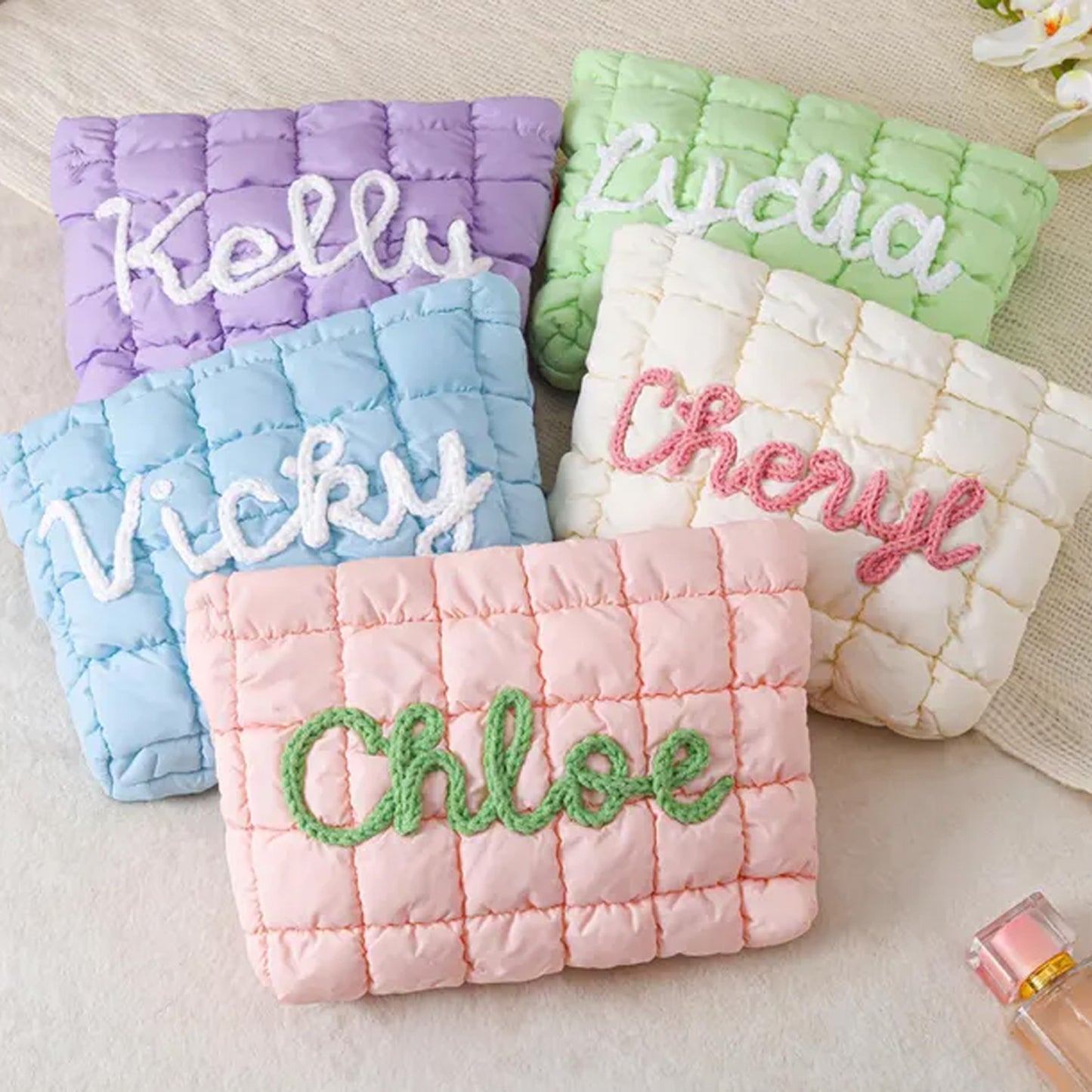 Personalized Quilted Makeup Bag, Custom Name Nylon Cosmetic Pouch, Bridesmaid Gift, Zipper Bag Gift for Her 684812