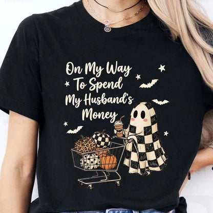 Funny Halloween Ghost Shopping Shirt, On My Way to Spend My Husband’s Money Tee, Fall Pumpkin Sweatshirt 685845