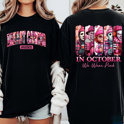 Breast Cancer Awareness T-Shirt, In October We Wear Pink, Halloween Pink Horror Characters Front & Back Shirt 683311
