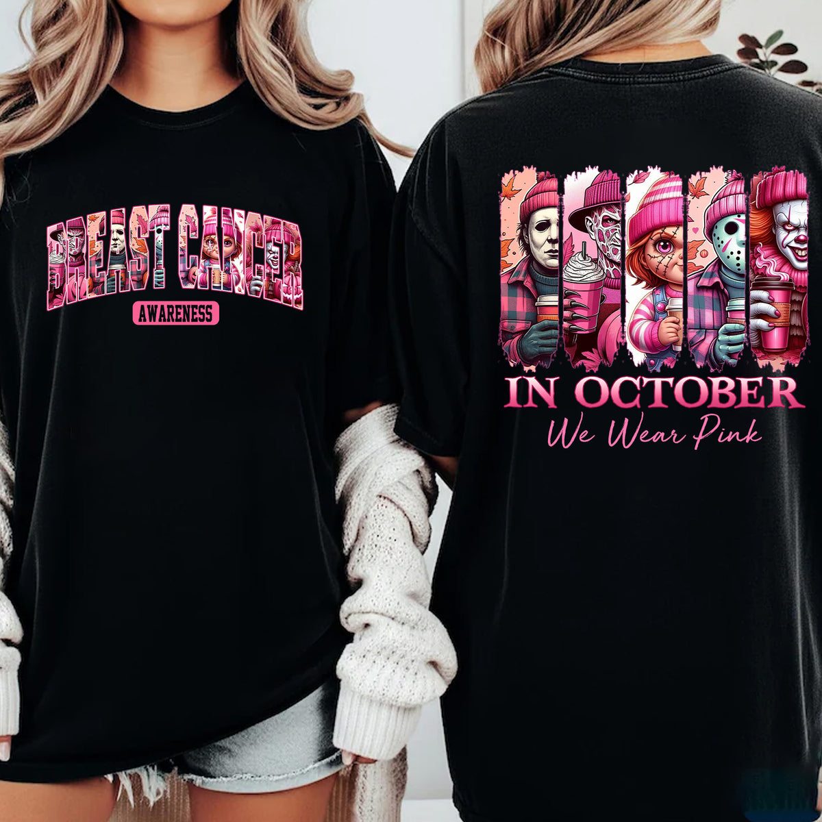 Breast Cancer Awareness T-Shirt, In October We Wear Pink, Halloween Pink Horror Characters Front & Back Shirt 683311