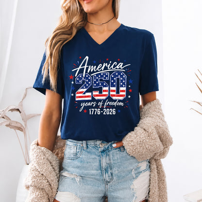 250 Years of America V-Neck Shirt, USA 1776-2026 Patriotic Flag Tee, Women's Independence Day Shirt 685276