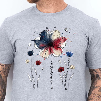 USA 250 Years Anniversary Floral Shirt, 1776–2026 Patriotic Wildflower T-Shirt, Freedom 4th of July Bright Tee 684940