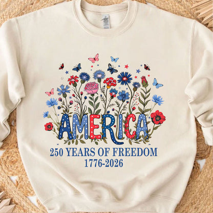 250 Years of Freedom Floral America Shirt, Wildflower Patriotic Tee 1776-2026, 4th of July Gift 684846