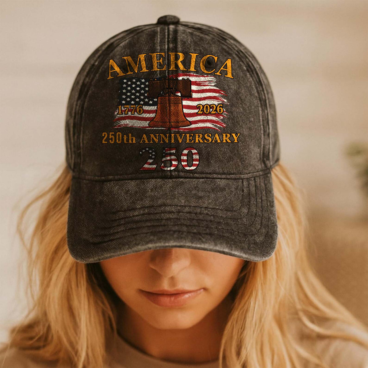 250 Years of America 1776–2026 Vintage Washed Denim Baseball Cap | Patriotic Anniversary 4th of July Hat 683640