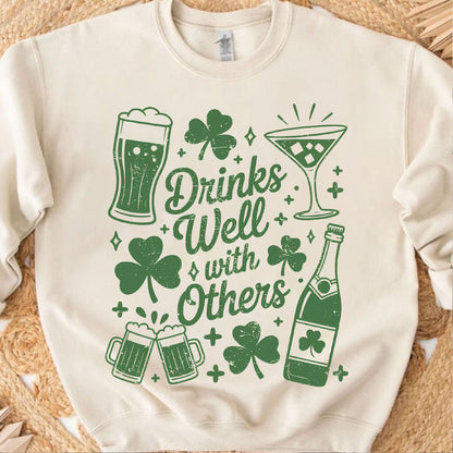 Drinks Well with Others St. Patrick’s Day Shirt | Funny Irish Clover Drinking Tee | Lucky Irish Party T-Shirt 684382