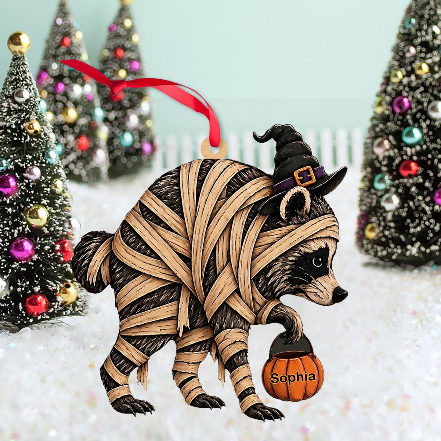 Personalized Mummy Raccoon Wooden Ornament, Funny Trick or Trash Halloween Ornament 685851