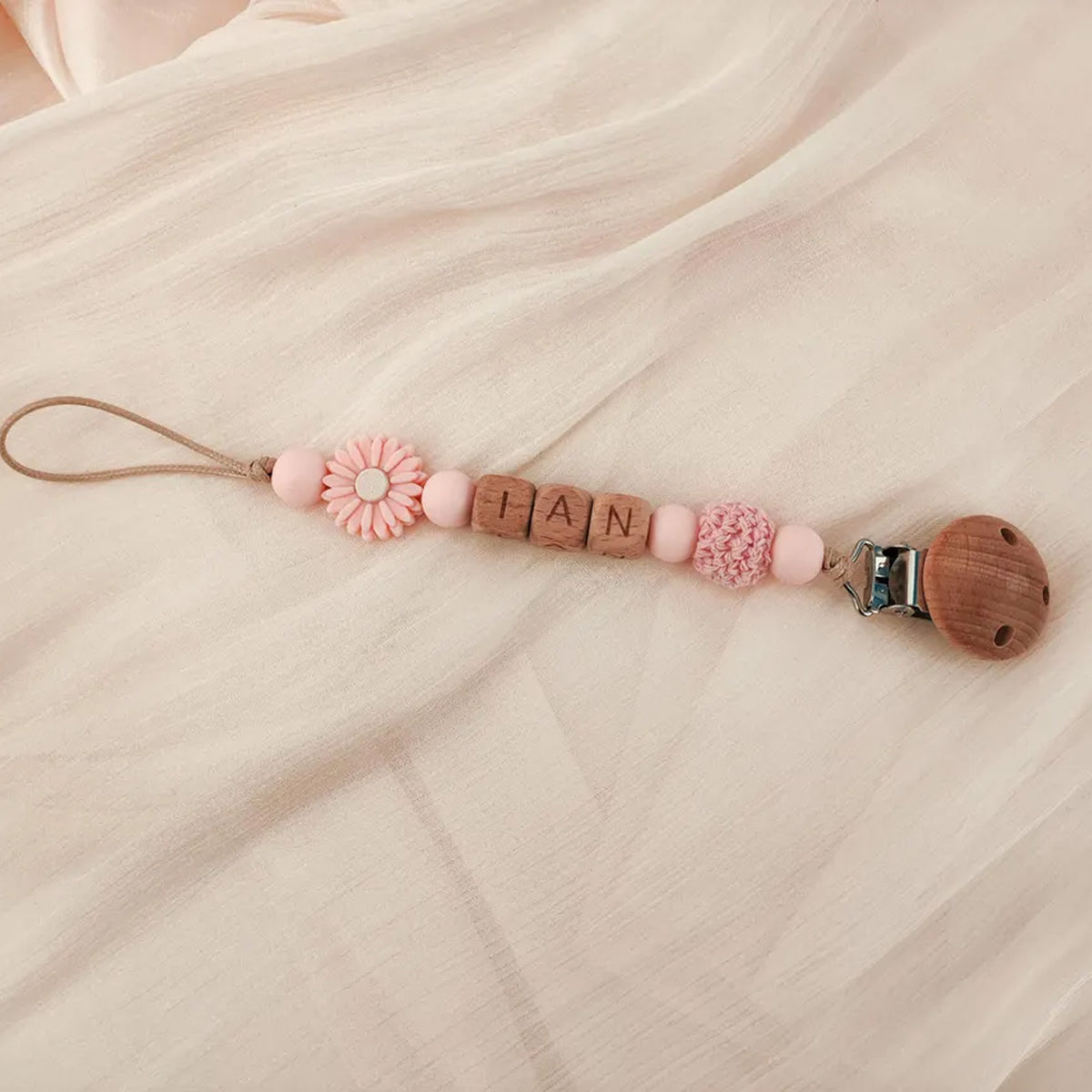 Personalized Baby Pacifier Clip, Custom Name Wooden Bead Dummy Clip, Floral Binky Holder, Baby Shower Gift 686879 WFD