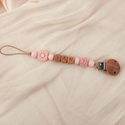 Personalized Baby Pacifier Clip, Custom Name Wooden Bead Dummy Clip, Floral Binky Holder, Baby Shower Gift 686879 WFD