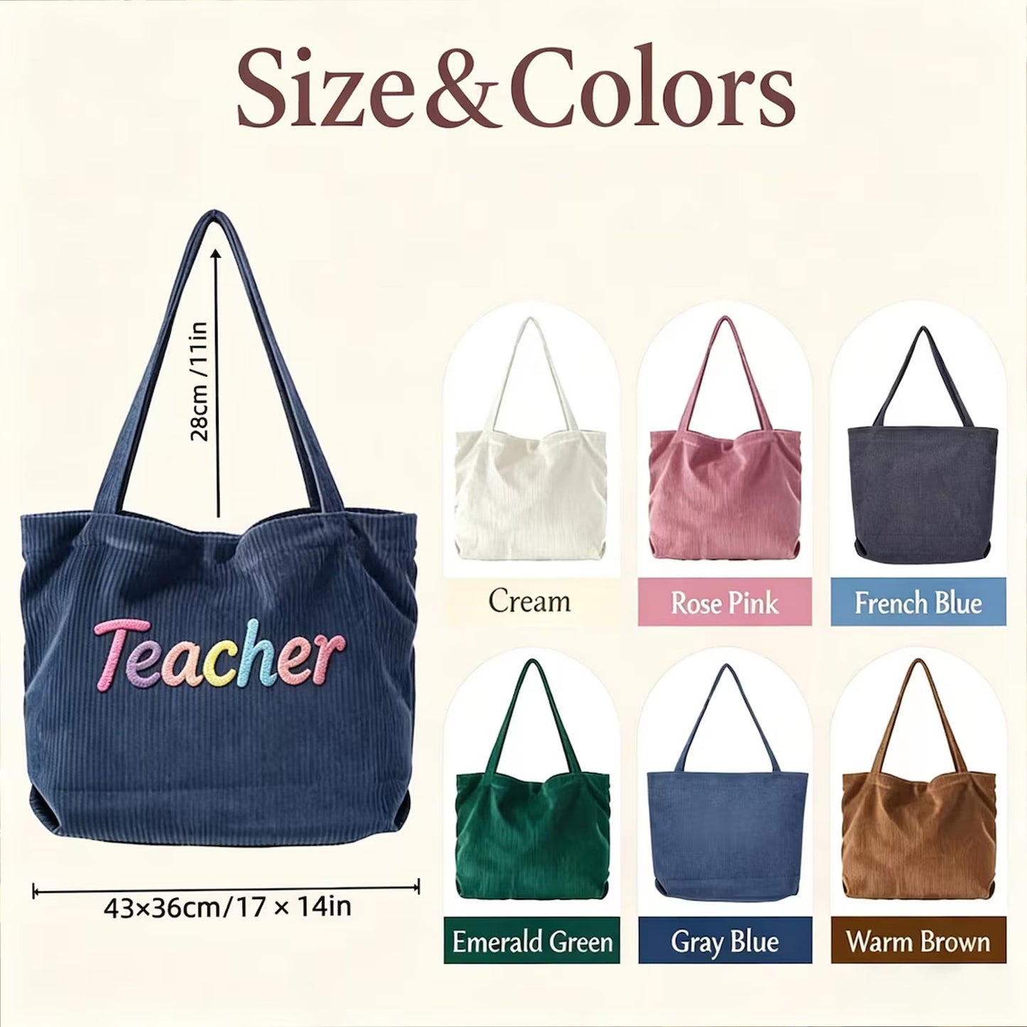 Personalized Corduroy Teacher Tote Bag, Custom Crochet Name Tote, Back to School Bag 685526 WFD