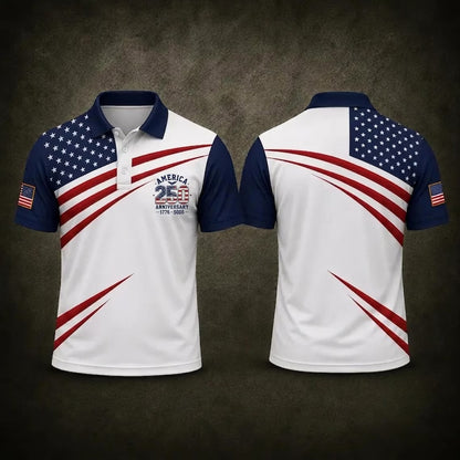 250 Years Anniversary AOP Polo Shirt, USA Flag 1776-2026 Patriotic Golf Polo, Independence Day Shirt 685357 WFD