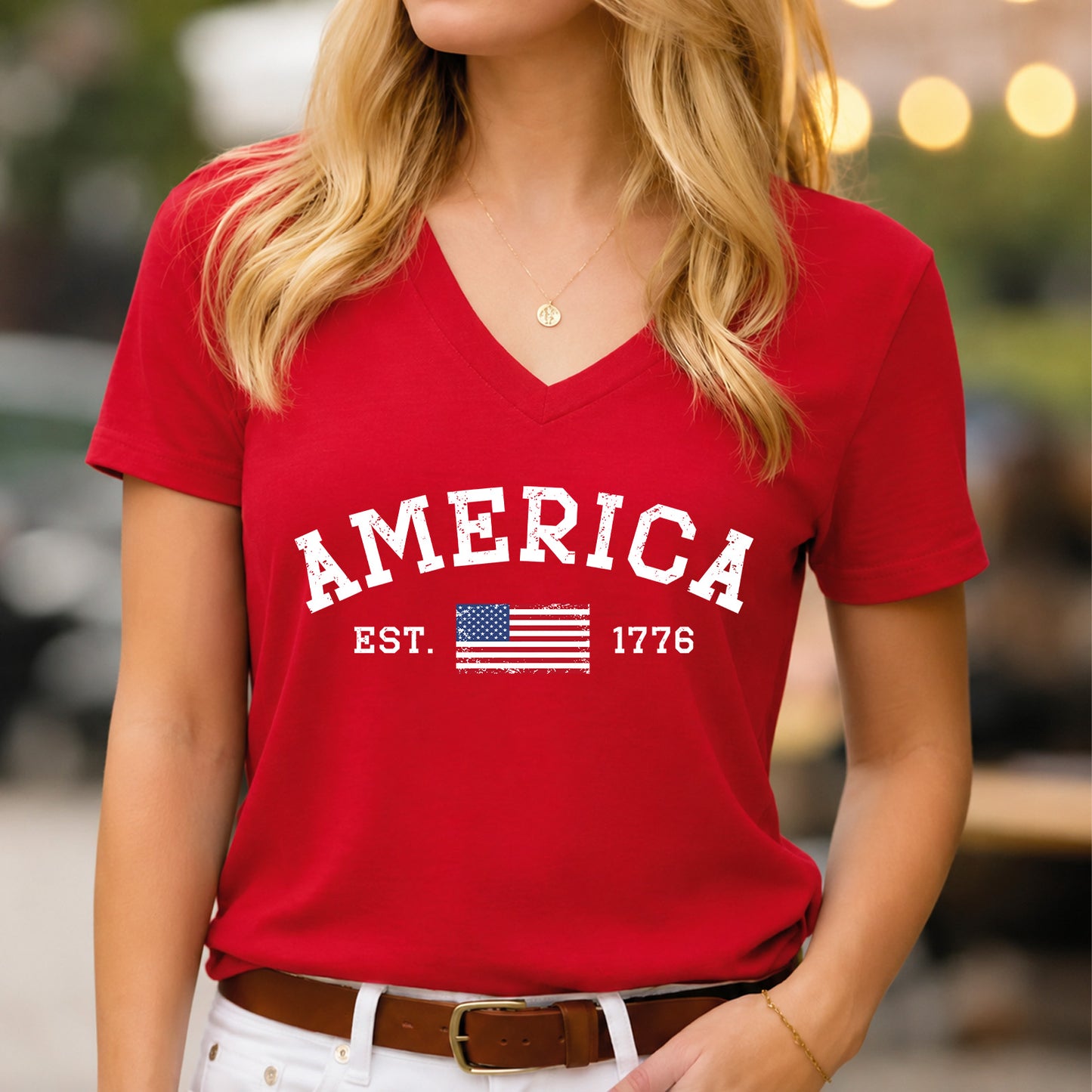 250 Years America V-Neck Shirt, America Est 1776 Patriotic Tee, Minimal USA Flag 4th of July Shirt 685296
