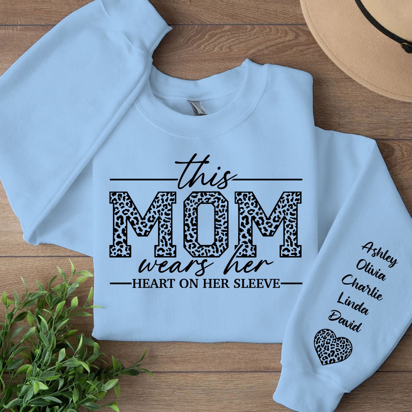 Custom Sweatshirt with Kids’ Names on Sleeve, I Wear My Heart on My Sleeve, Personalized Name Sweater, Front & Left Sleeve Print 683963