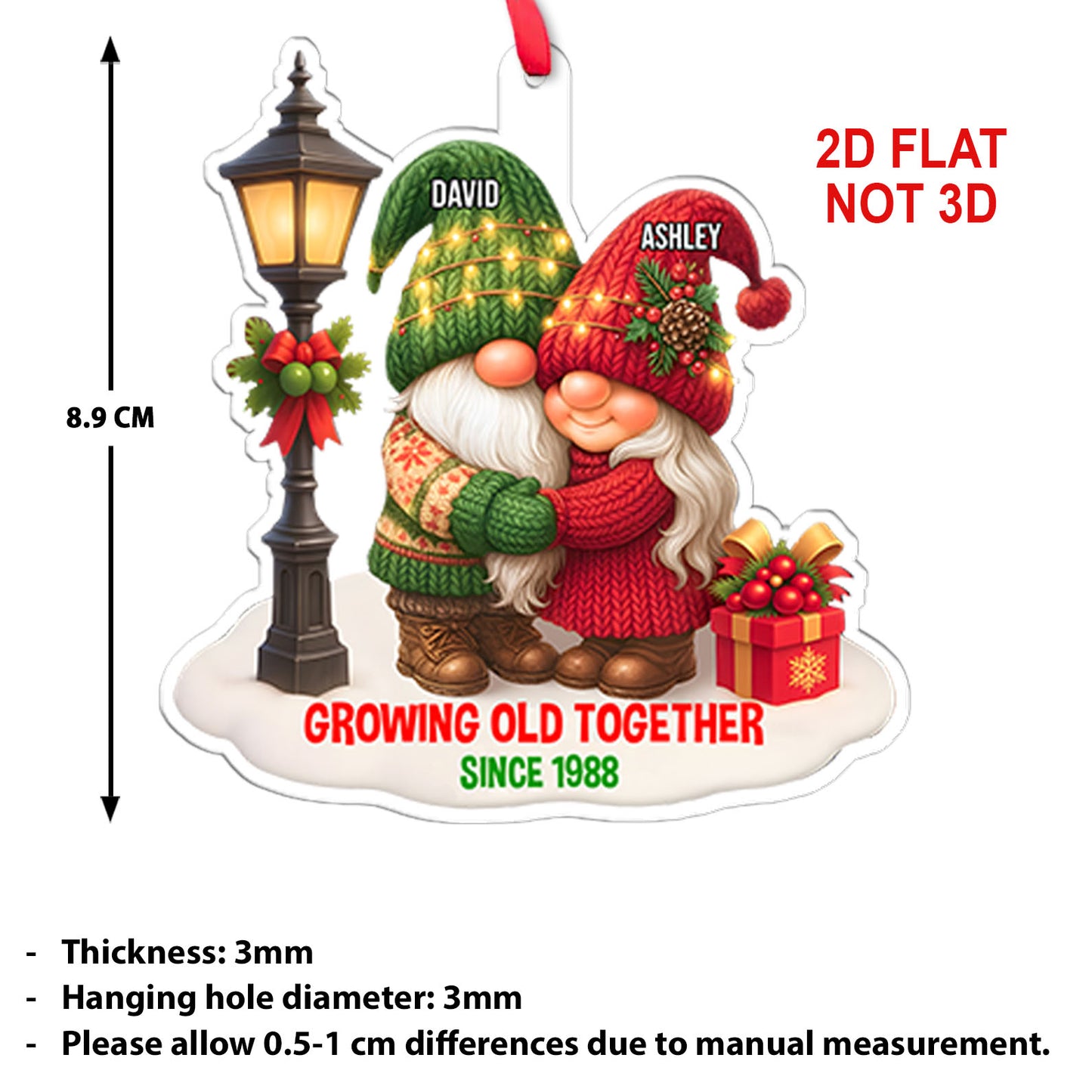 Personalized Gnome Christmas Couple Acrylic Ornament, Custom Name Growing Old Together Ornament 683262
