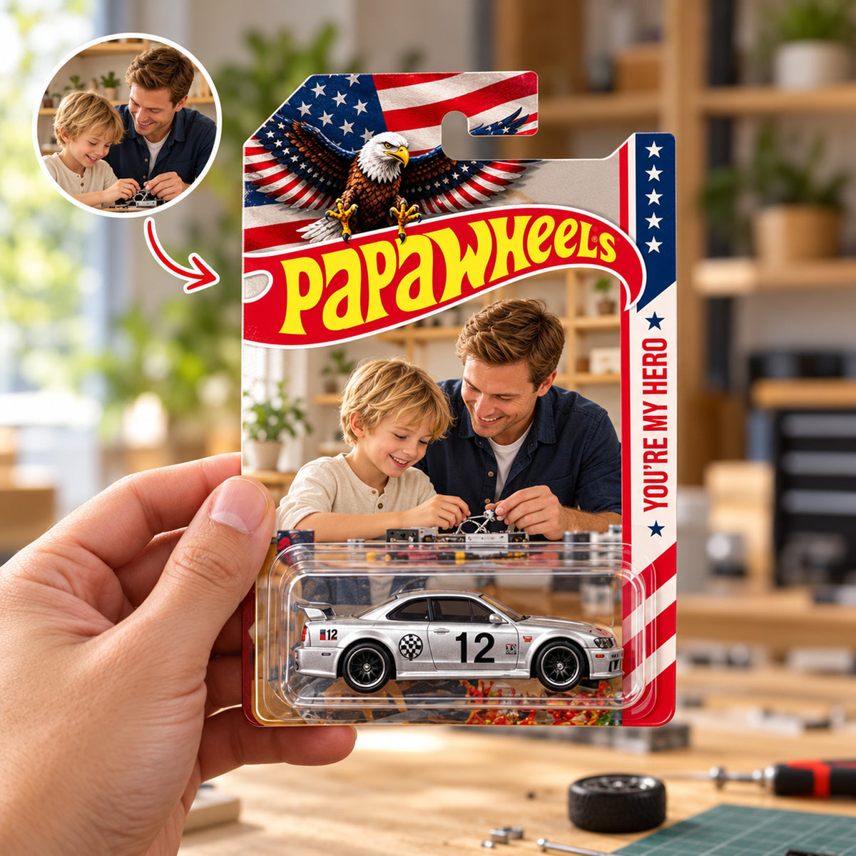 Personalized Dad Wheels Hot Wheels Packaging, Custom Photo US Flag Toy Car Display, Gift For Dad 686792 WFD