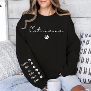 Personalized Cat Mama Sweatshirt with Cat Name, Custom Cat Mom Sweater, Front & Right Sleeve Print 683982