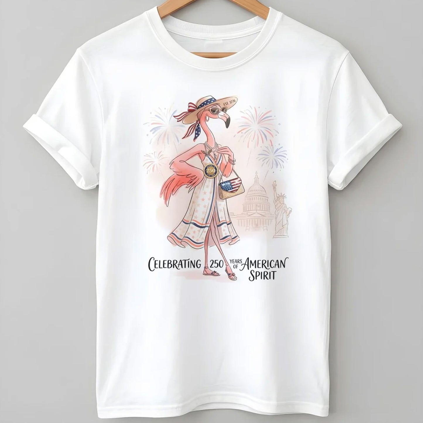 250 Years of American Spirit Flamingo Shirt, Patriotic 4th of July Independence Day Tee, USA Celebration T-Shirt 685212