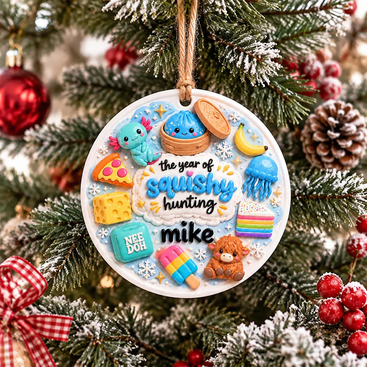 Personalized Squishy Hunting Christmas 3D Relief White Acrylic Ornament, Custom Name Kawaii Kids Gift 686346 WFD