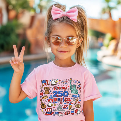 Happy 250 Years Kids T-Shirt, 1776–2026 USA Anniversary Shirt, Patriotic Doodle America Tee for Kids 684926