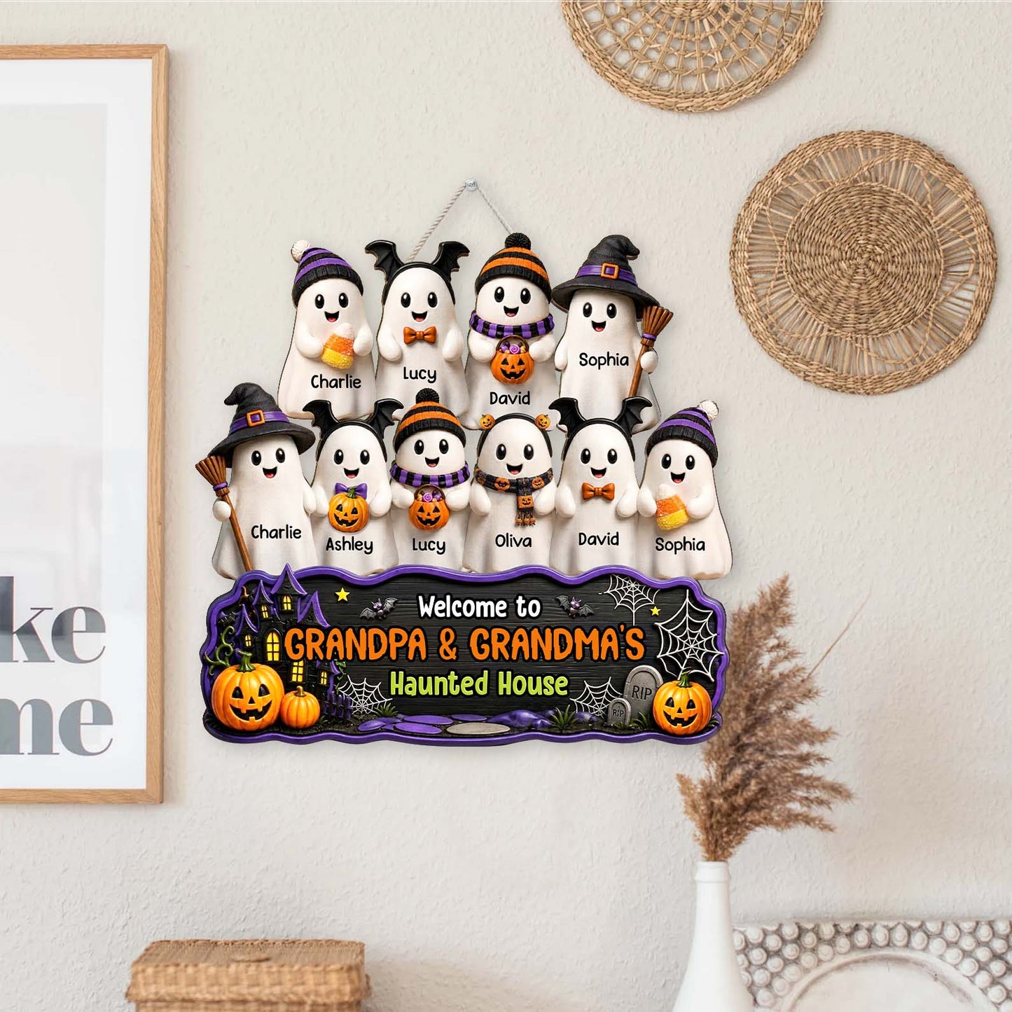 Personalized Halloween Grandma Grandpa Haunted House Wood Sign, Custom Ghost Family Welcome Door Decor 685786