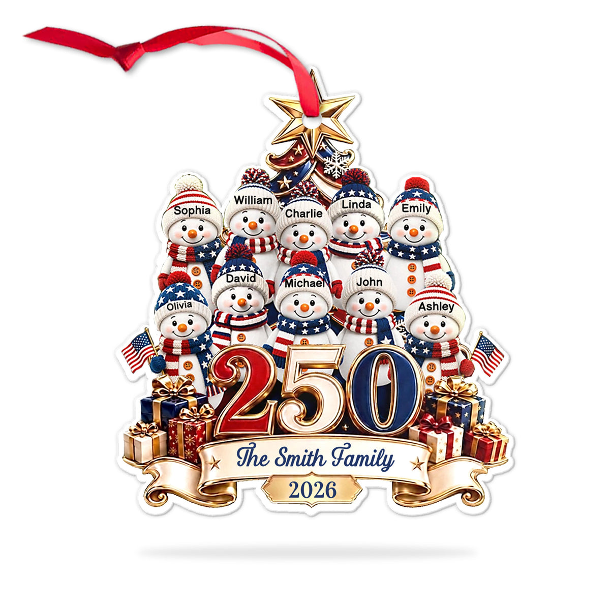 Custom 250 Years of America Snowman Acrylic Ornament, Personalized Family Name Christmas Ornament 685960
