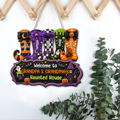 Personalized Halloween Wood Sign, Grandma Grandpa Haunted House Decor, Custom Name Witch Boots Door Sign 685858