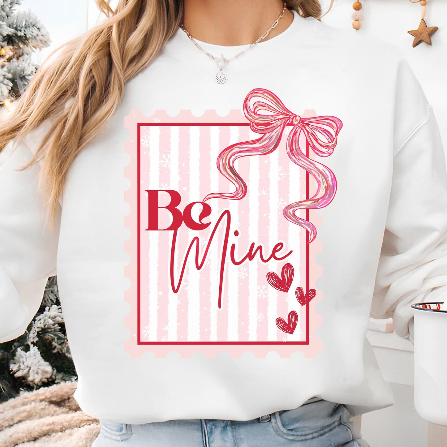 Be Mine Valentine Shirt, Coquette Postage Stamp Sweatshirt, Pink Bow Valentine’s Day Shirt, Trendy Romantic Tee 683973