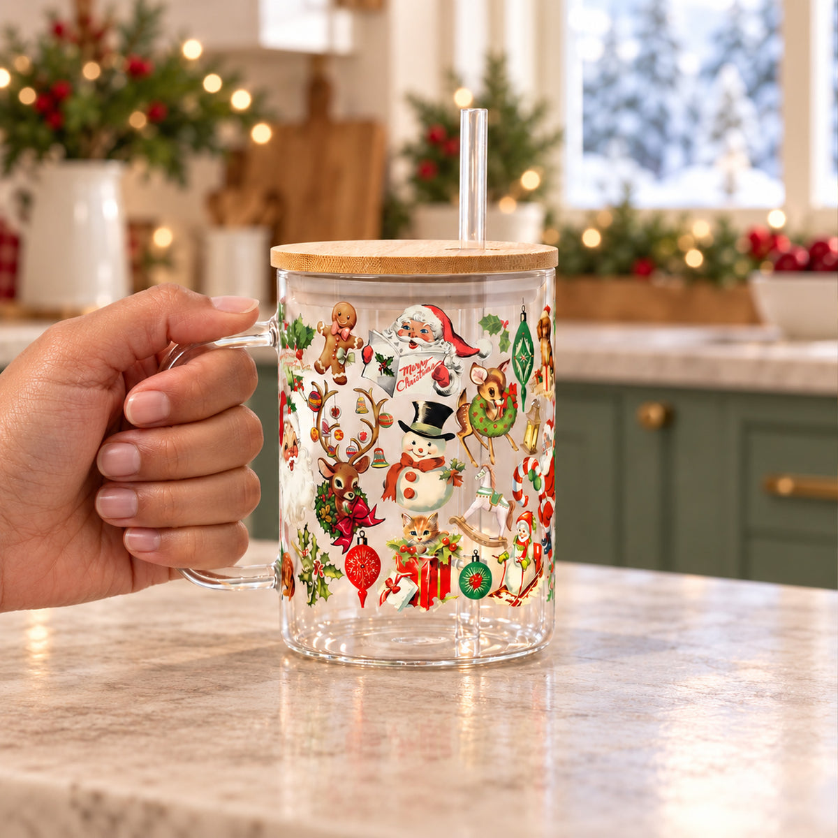 Nostalgic Christmas Glass Cup 17oz, Vintage Christmas Glass Mug with Bamboo Lid & Straw, Christmas Gift 686697 WFD