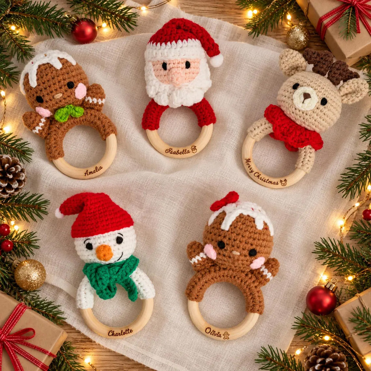 Personalized Christmas Crochet Baby Rattle, Custom Name Wooden Ring Toy, Santa Reindeer Snowman Baby Gift 686572 WFD