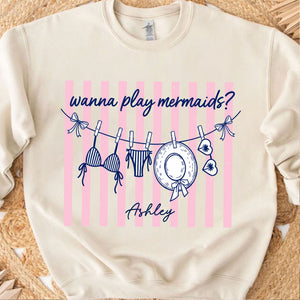 Personalized Wanna Play Mermaids Shirt, Custom Summer Beach Vacation Tee, Mermaid Girls Trip T-Shirt 685521