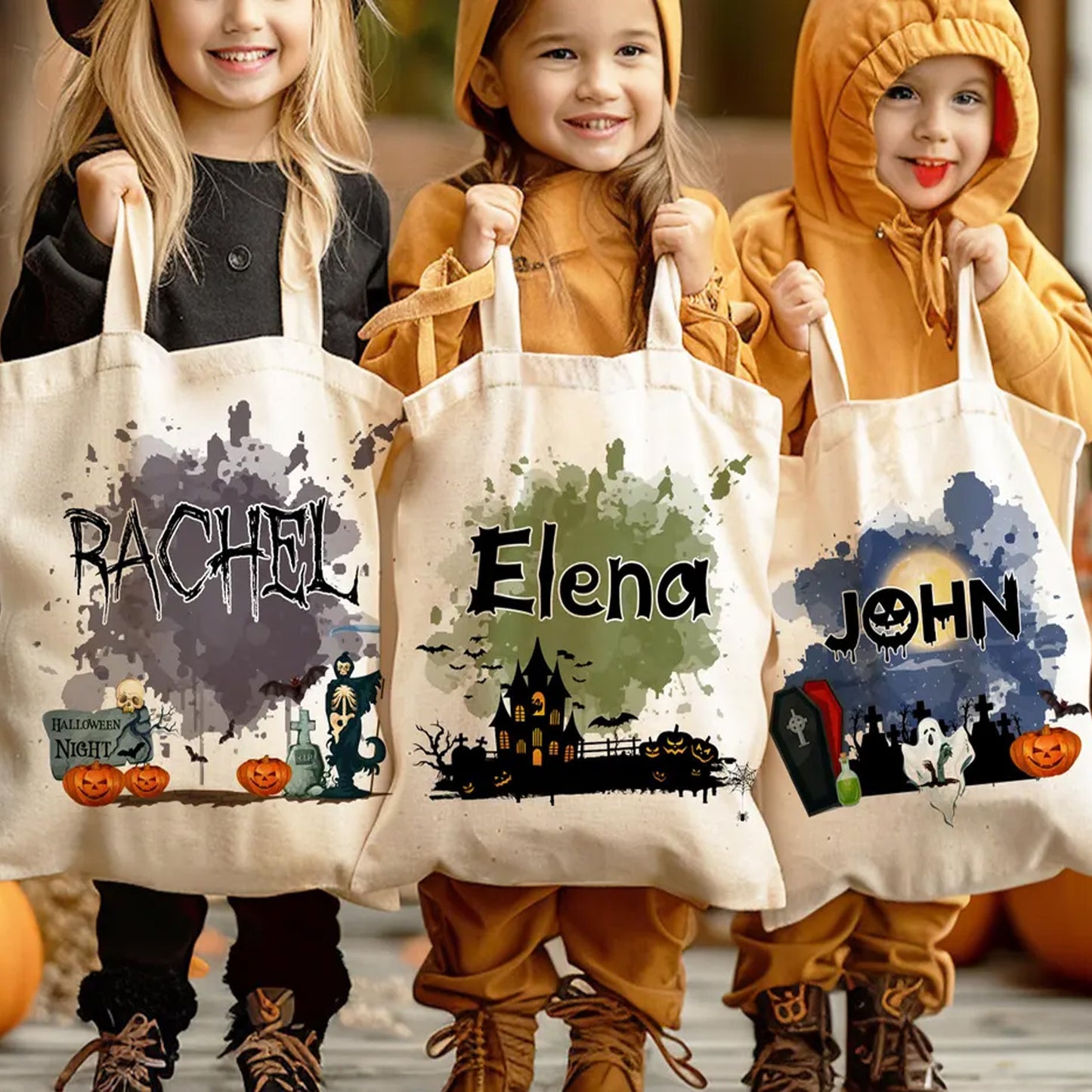 Personalized Halloween Tote Bag, Custom Trick or Treat Canvas Tote, Spooky Pumpkin Ghost Witch Gift Bag 685671 WFD
