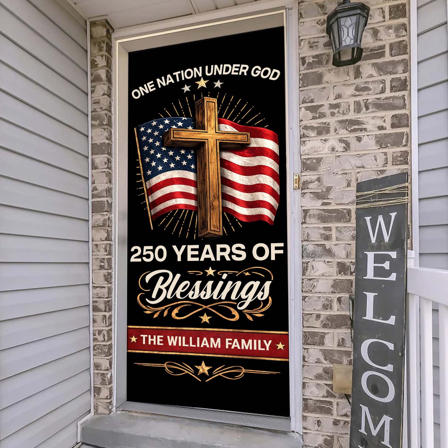 Personalized Blessings 250 Years Door Cover | Patriotic One Nation Under God 4th of July Door Decor 684557