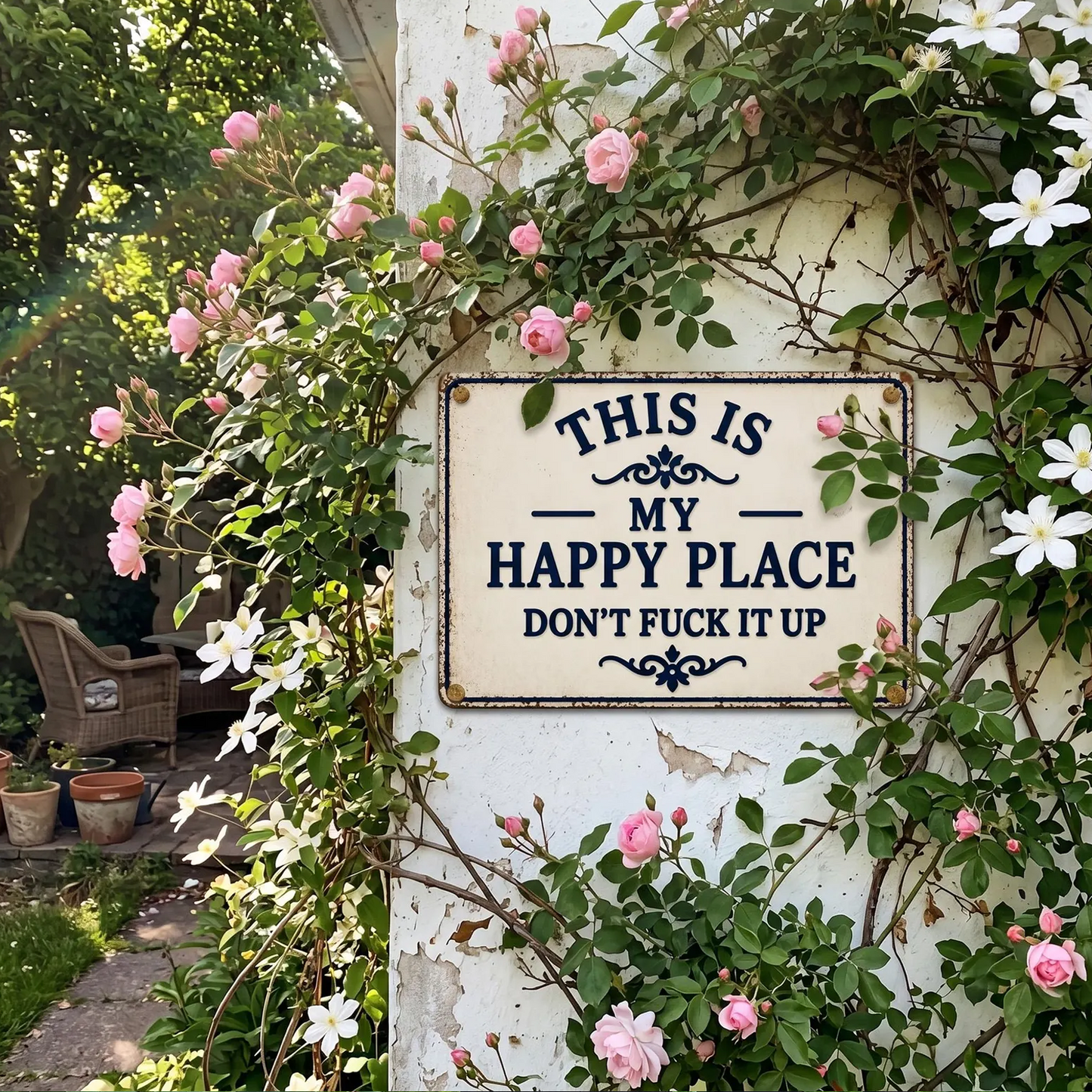 Custom Happy Place Metal Sign, Personalized Patio Garden Sign, Funny Farmhouse Porch Decor Gift 685475 WFD