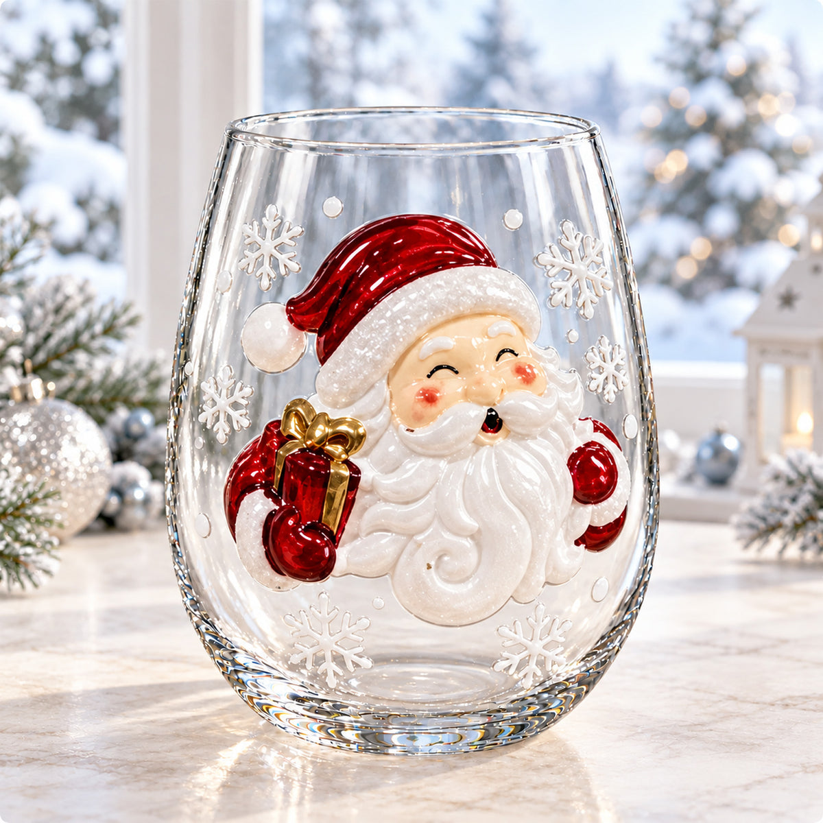 Christmas Stemless Wine Glass, Santa Snowman Reindeer Holiday Drinking Glass, Festive Christmas Gift 686694 WFD